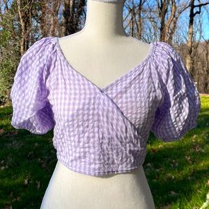 Purple Puff Sleeve V-neck Crop Top